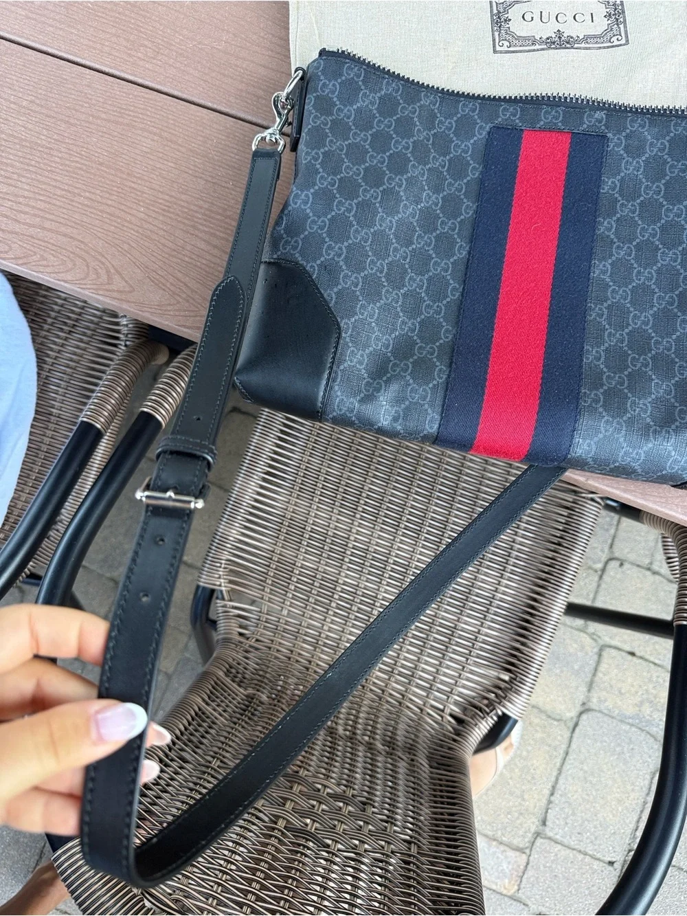 Gucci Black GG Supreme Crossbody with Red and Navy Web Stripe